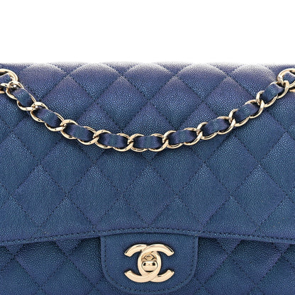 Iridescent Caviar Quilted Medium Double Flap Dark Blue