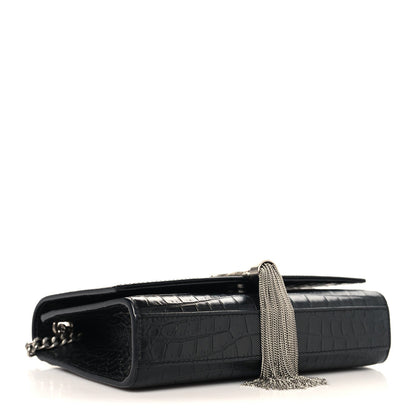 Calfskin Crocodile Embossed Small Classic Monogram Kate Tassel Satchel Black
