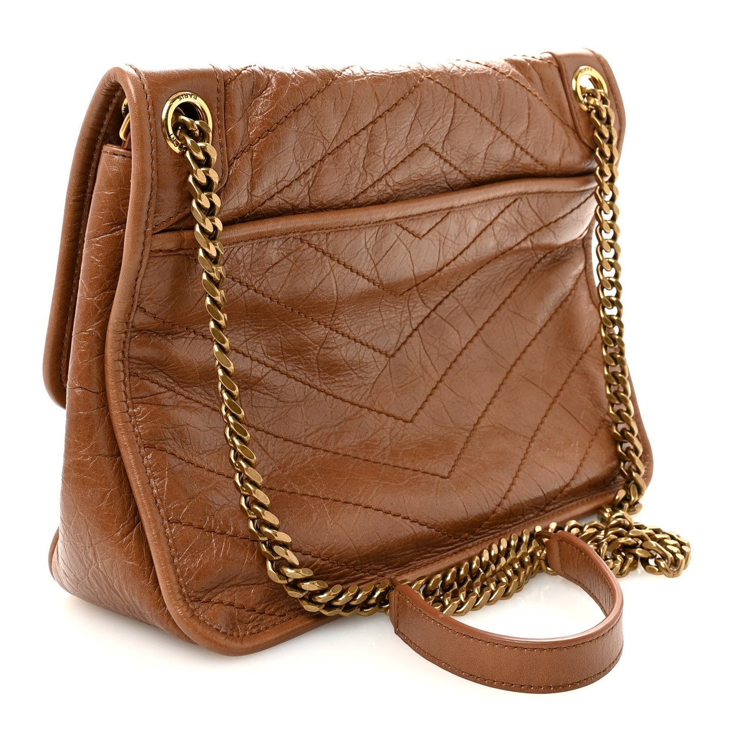 Crinkled Calfskin Matelasse Monogram Medium Niki Chain Satchel Caramel