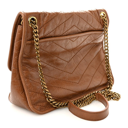 Crinkled Calfskin Matelasse Monogram Medium Niki Chain Satchel Caramel