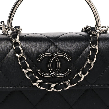 Lambskin Quilted Mini Metal Top Handle Flap Clutch With Chain  Black