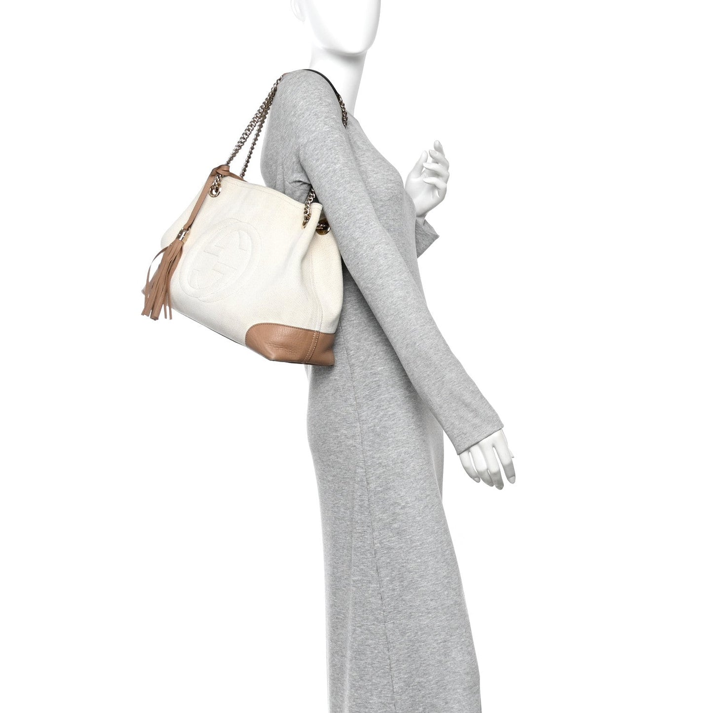 Linen Canvas Pebbled Calfskin Medium Soho Chain Shoulder Bag White Camelia