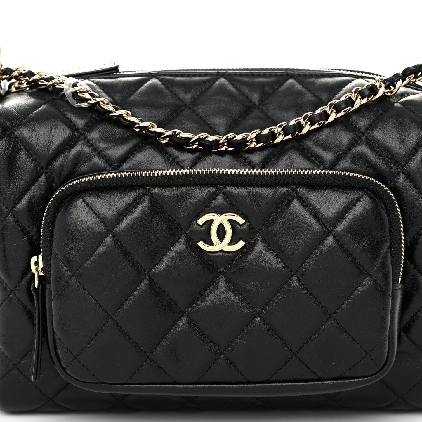 Shiny Crumpled Lambskin Quilted Medium Preppy Pocket Camera Case Black