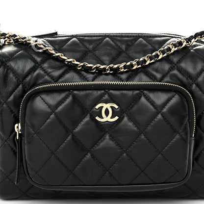 Shiny Crumpled Lambskin Quilted Medium Preppy Pocket Camera Case Black