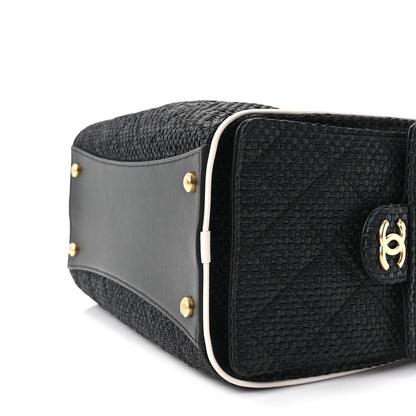 Braided Raffia Calfskin Quilted Small Chanel 25 Handbag Black White