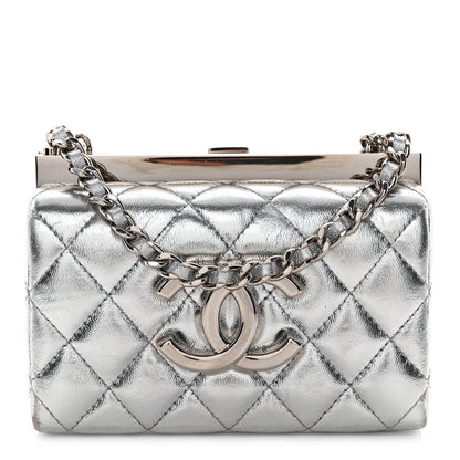 Metallic Calfskin Quilted Box Crossbody Silver