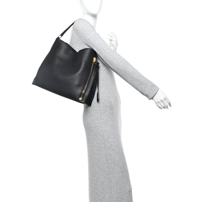 Pebbled Calfskin Small Alix Padlock Zip Hobo Bag Black