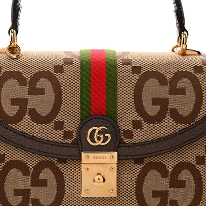 Monogram Jumbo GG Textured Dollar Calfskin Web Small Ophidia Padlock Top Handle Bag Camel Ebony New Acero