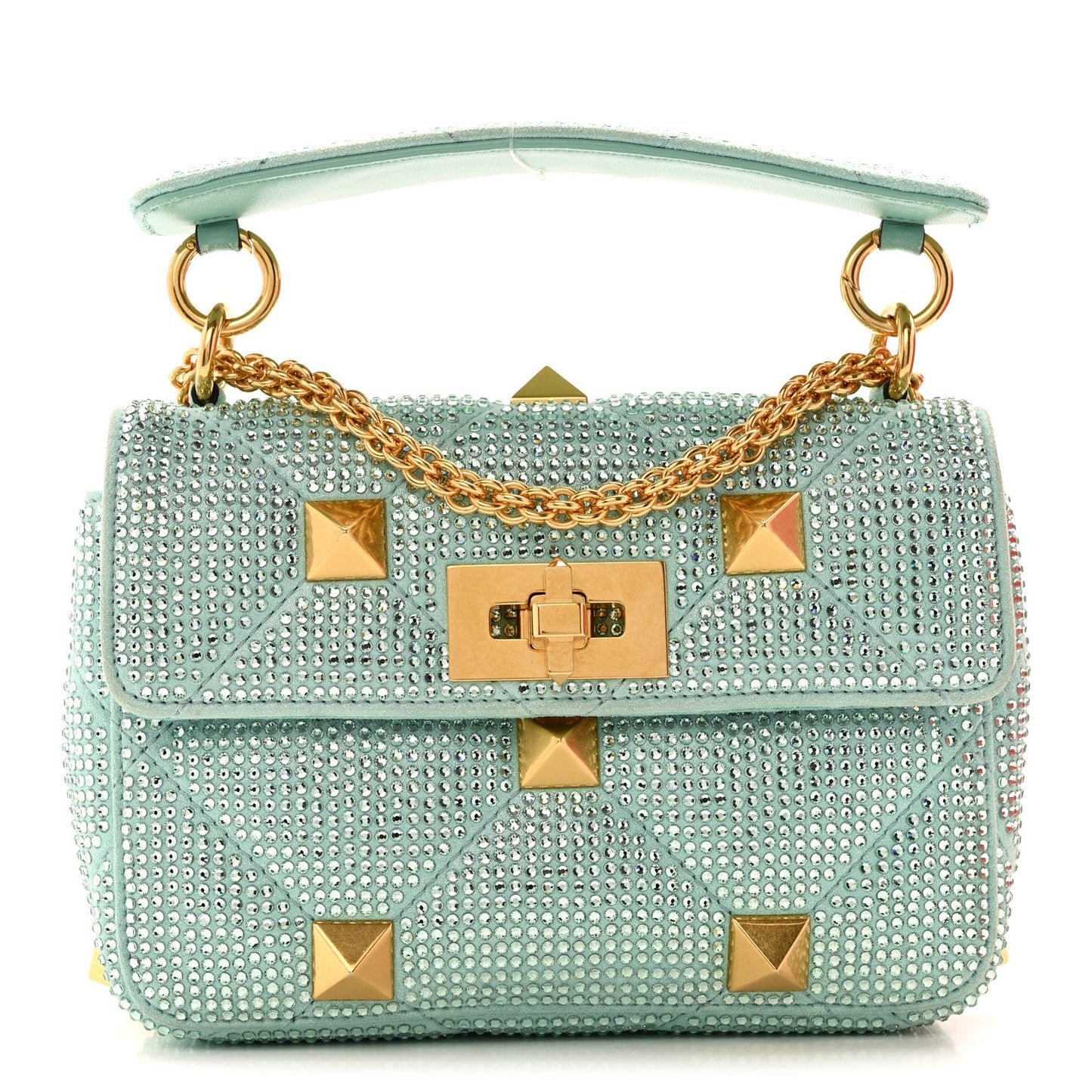 Crystal Suede Small Roman Stud Shoulder Bag Green
