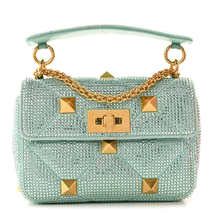 Crystal Suede Small Roman Stud Shoulder Bag Green