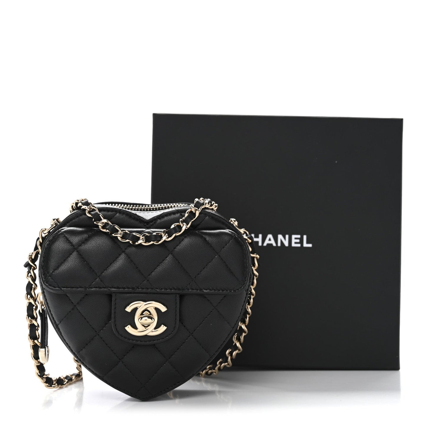 Lambskin Quilted CC In Love Heart Clutch With Chain Black
