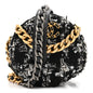 Tweed Quilted 19 Round Clutch With Chain Black White