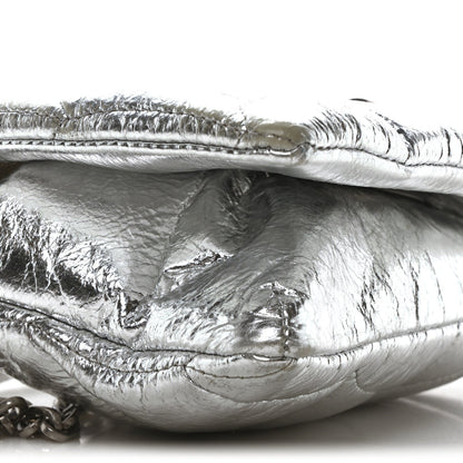 Metallic Crinkled Nappa Pillow Quilted Tiny Softie Bag Silver