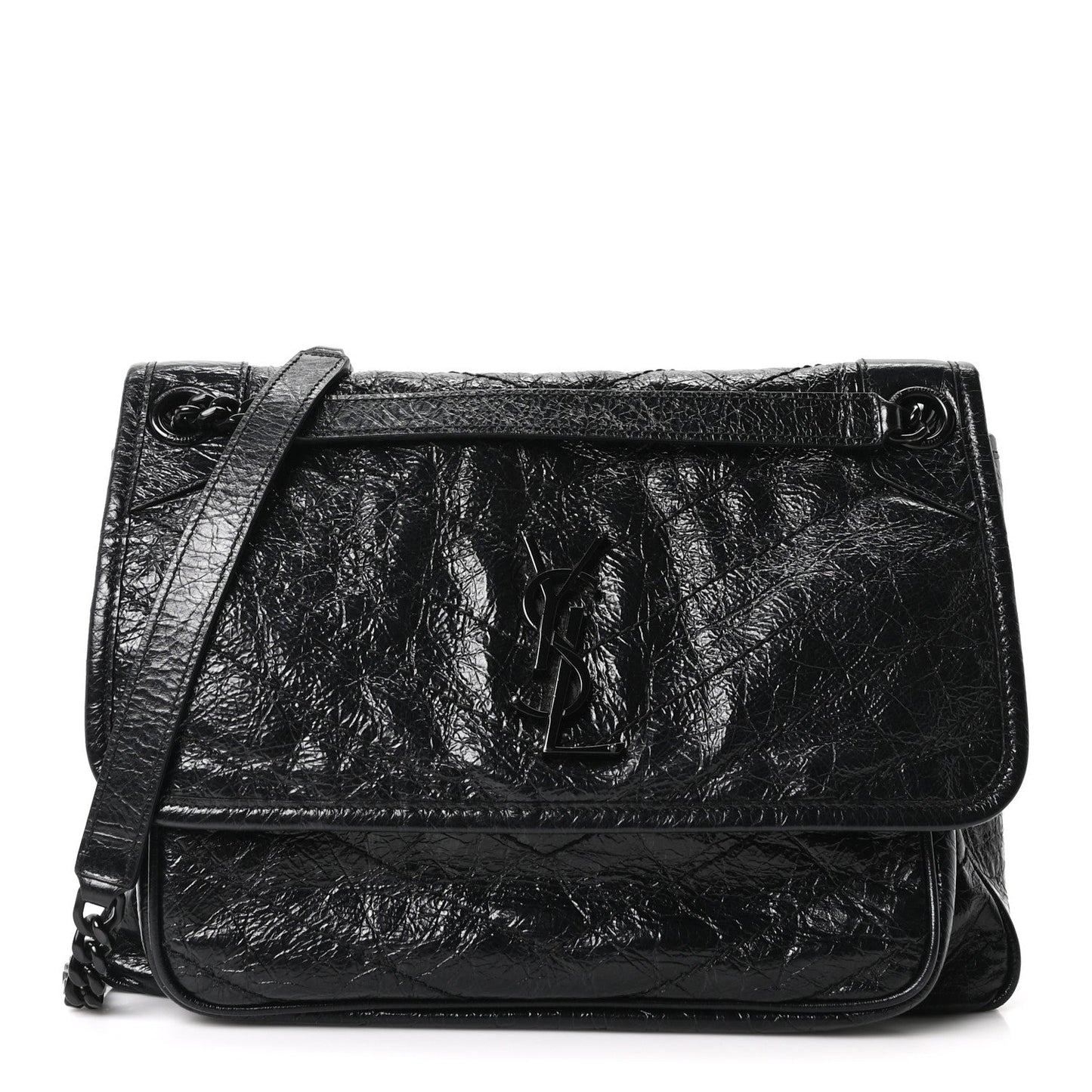 Crinkled Calfskin Matelasse Monogram Medium Niki Chain Satchel Black