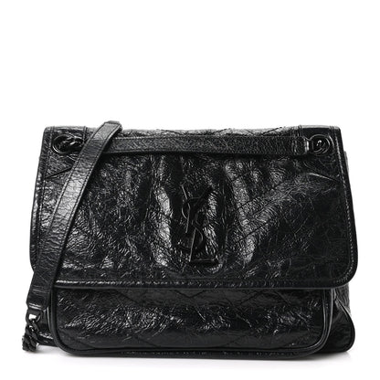 Crinkled Calfskin Matelasse Monogram Medium Niki Chain Satchel Black