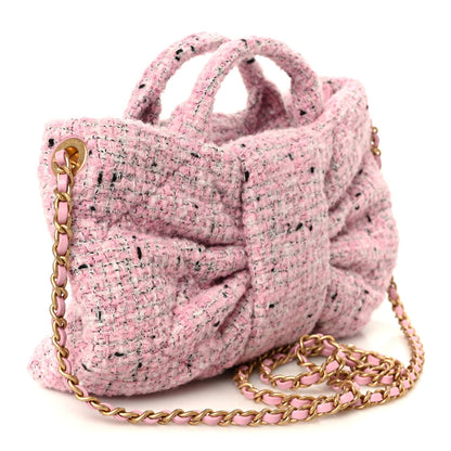 Tweed Quilted Mini Bow Bag Pink Black Ecru