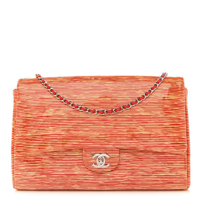 Patent Calfskin Striped Clutch With Chain Flap Red