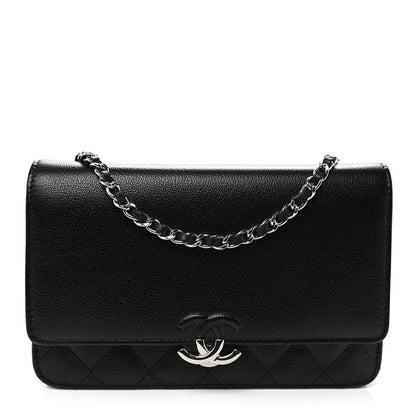 Grained Calfskin Quilted CC Box Wallet On Chain WOC Black