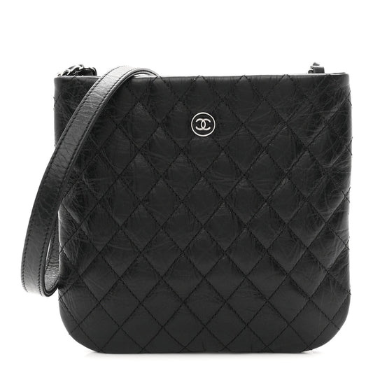 Aged Calfskin Quilted Crossbody Bag Black