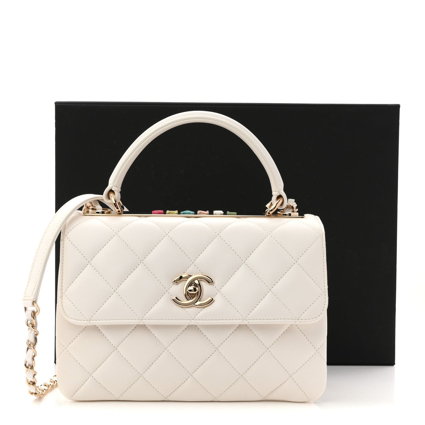 Lambskin Lacquered Quilted Small Trendy CC Dual Handle Flap Bag White