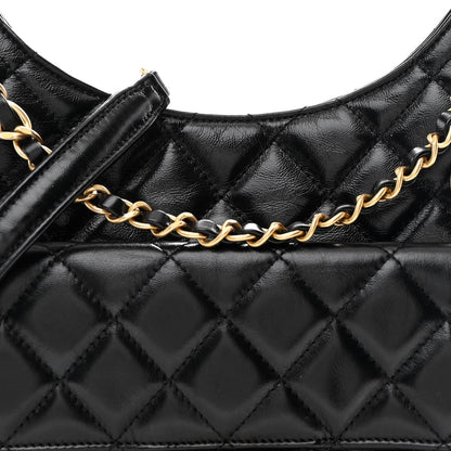Shiny Crumpled Calfskin Quilted Wavy CC Hobo Black