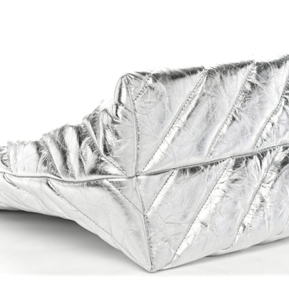 Metallic Crushed Calfskin Quilted Medium Crush Carry All Tote Bag Silver