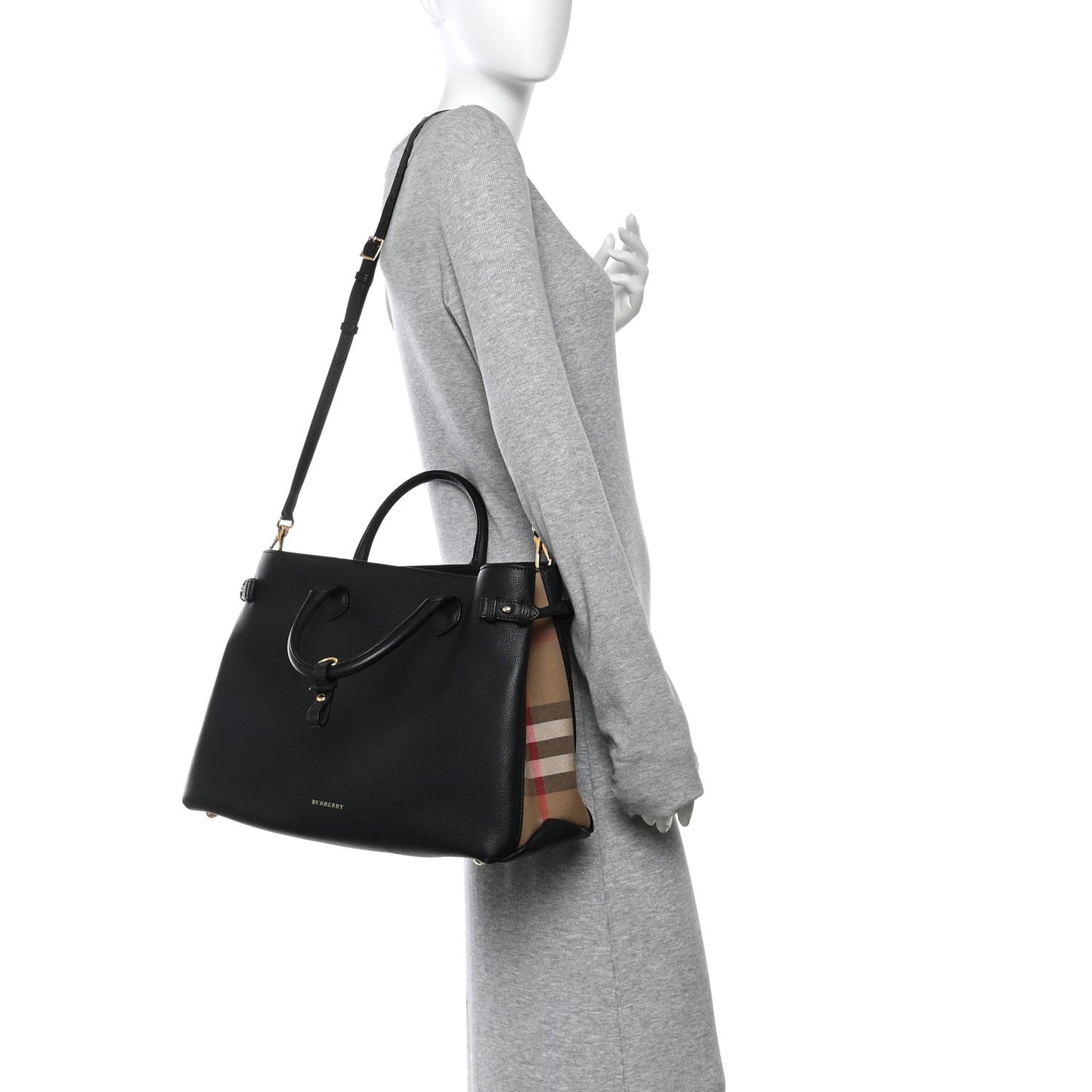 Grainy Calfskin House Check Large Banner Tote Black