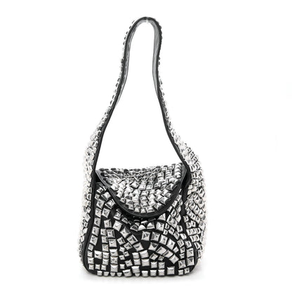 Sheepskin Studded Small Spike Hobo Black