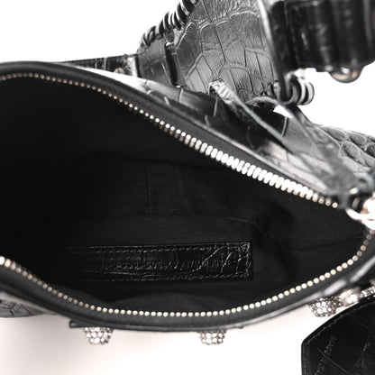 Extra Supple Calfskin Crystal Crocodile Embossed Le Cagole Shoulder Bag XS Black