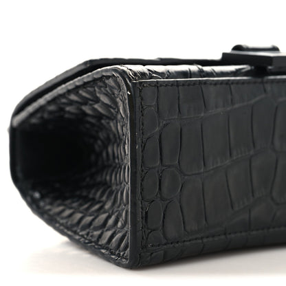 Shiny Calfskin Monochrome Crocodile Embossed Small Hourglass Top Handle Bag Black