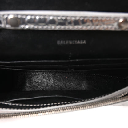 Metallic Calfskin Crocodile Embossed Hourglass Chain Bag Silver
