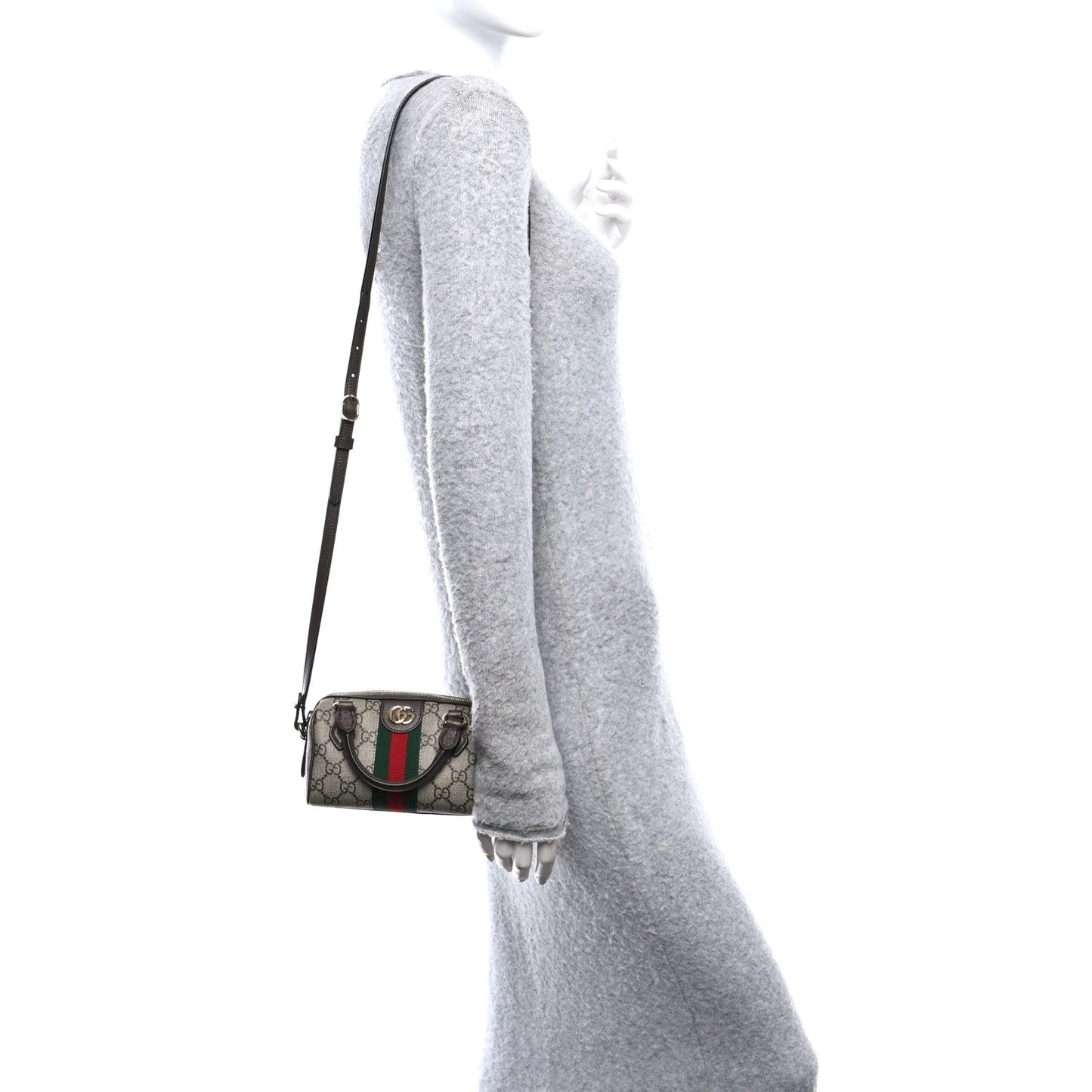 GG Supreme Monogram Textured Dollar Calfskin Web Super Mini Ophidia Top Handle Bowler Bag Beige Ebony New Acero