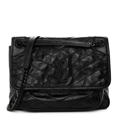 Crinkled Calfskin Matelasse Monogram Medium Niki Chain Satchel Black