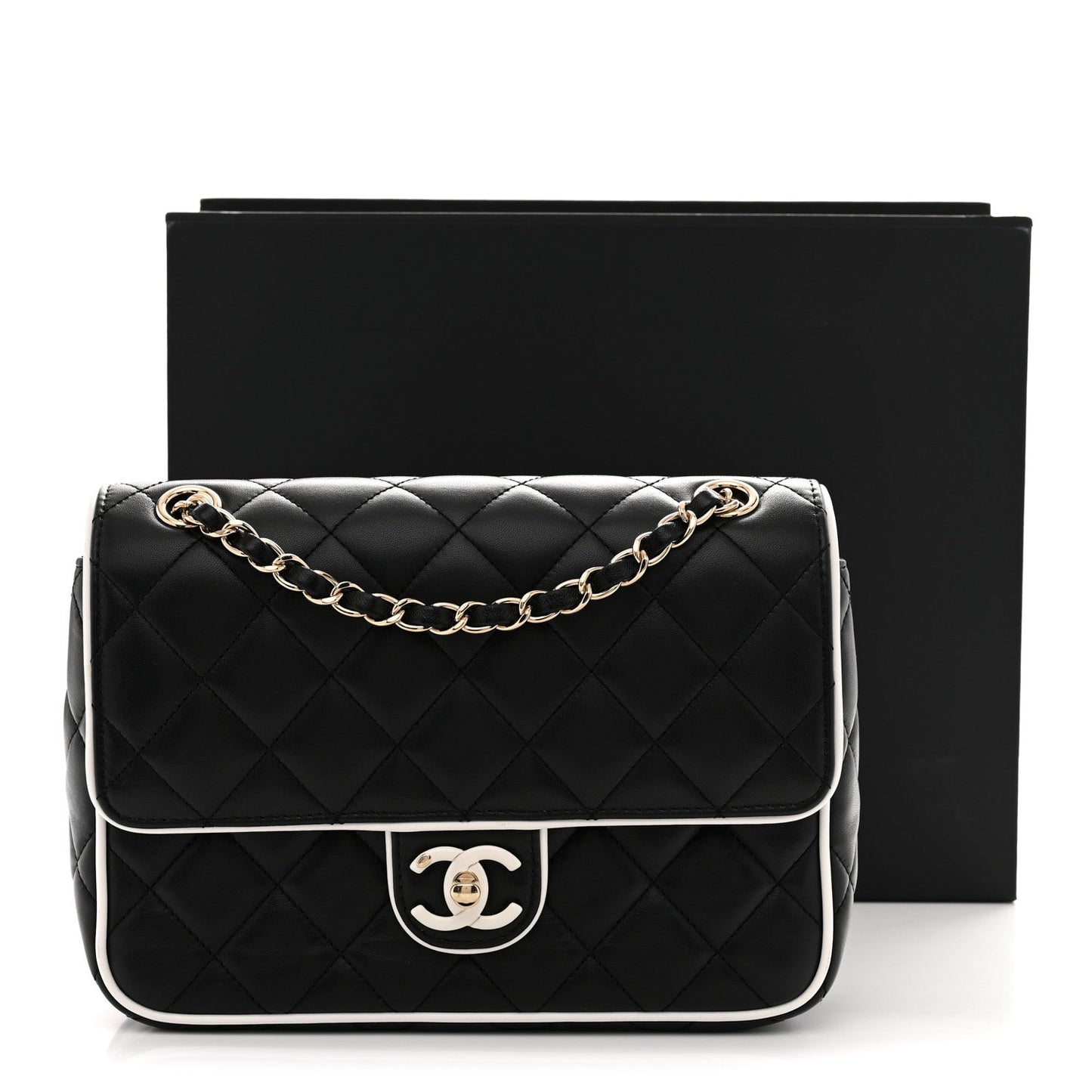 Lambskin Quilted Resin Graphic Frame Flap Bag Black White