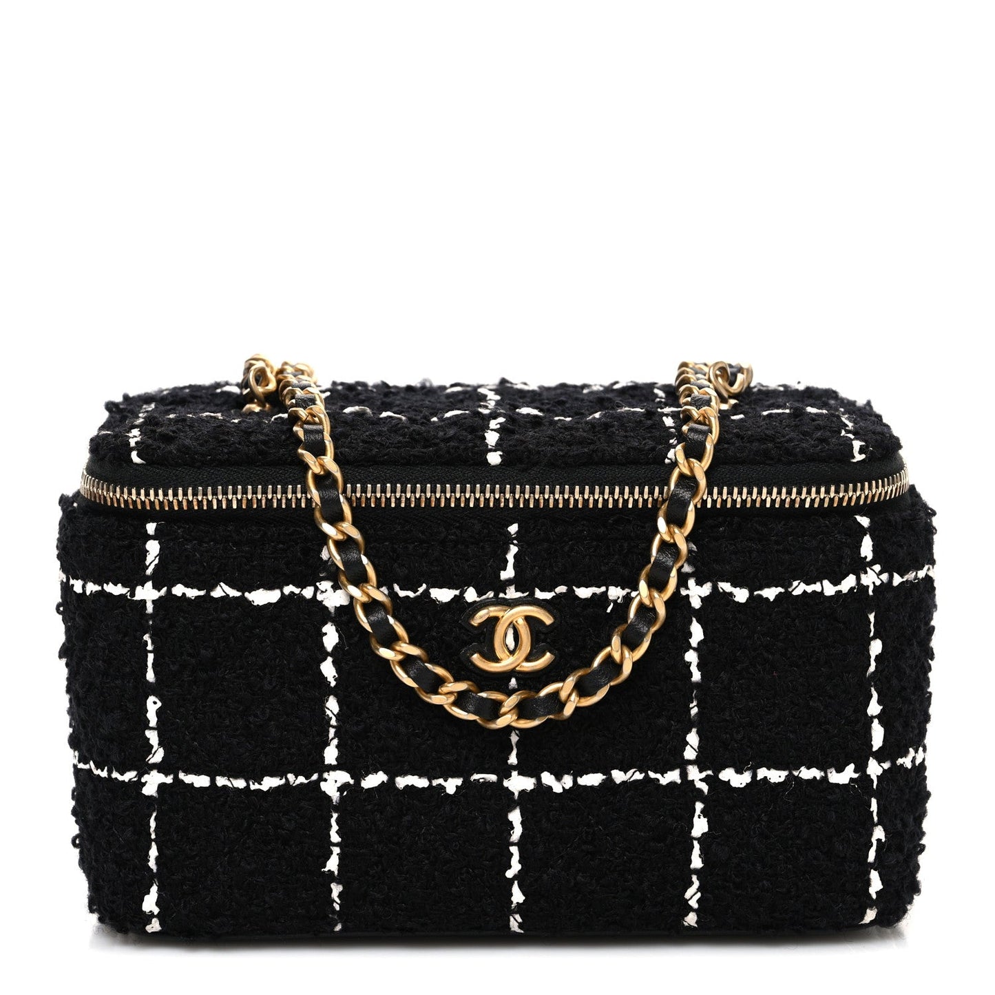 Tweed Pearl Crush Small Vanity Case With Chain  Black White