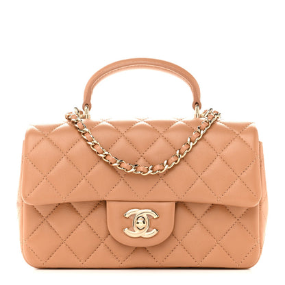 Lambskin Quilted Mini Top Handle Rectangular Flap Dark Beige