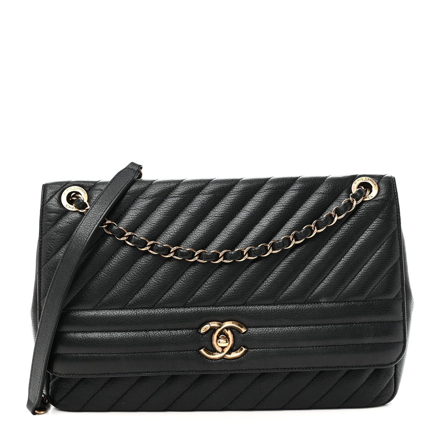 Shiny Goatskin Diagonal Quilted Large Flap Black