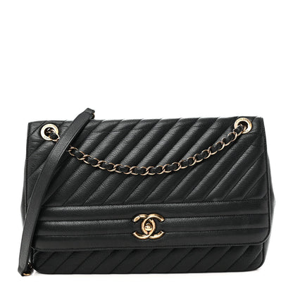 Shiny Goatskin Diagonal Quilted Large Flap Black