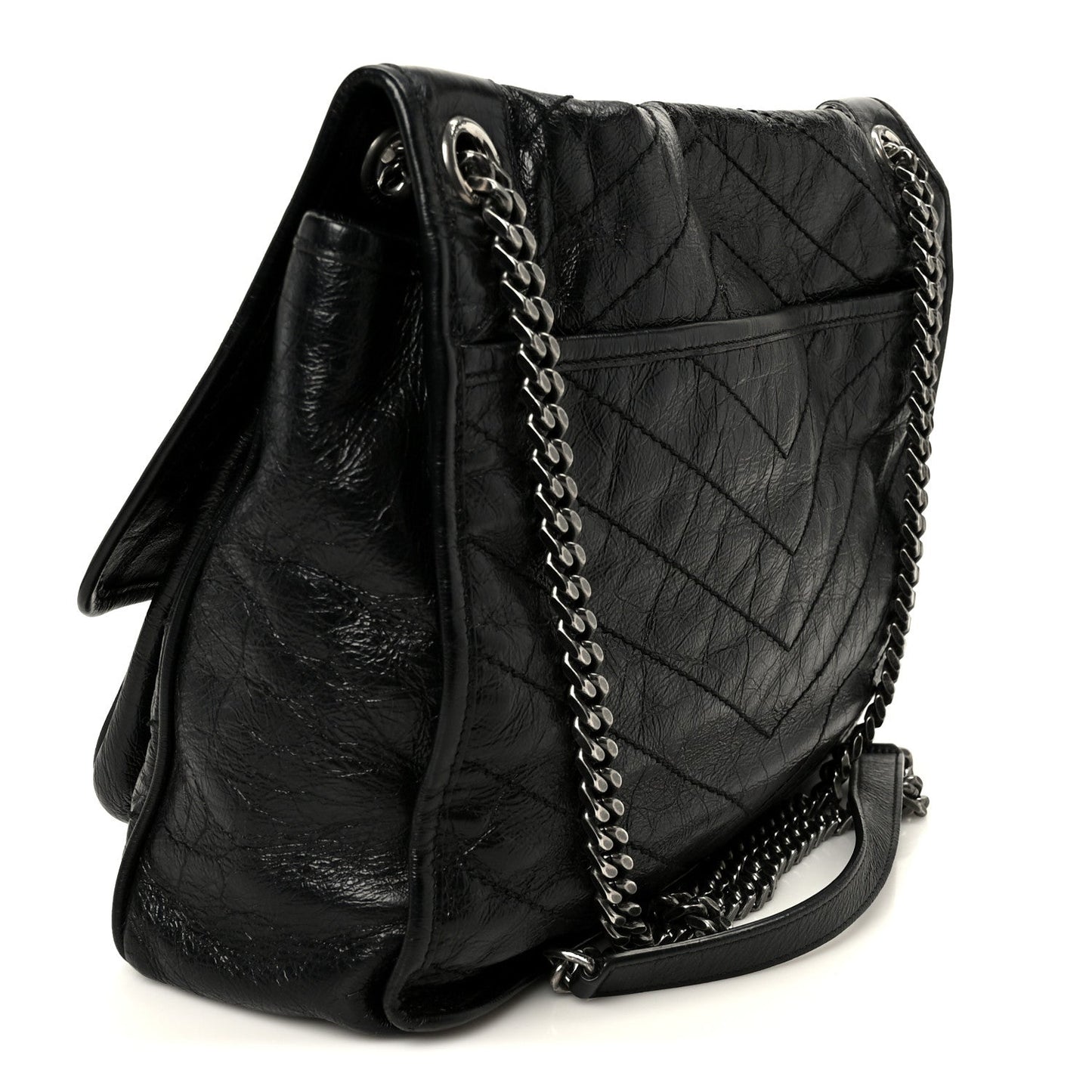 Crinkled Calfskin Matelasse Monogram Large Niki Chain Satchel Black