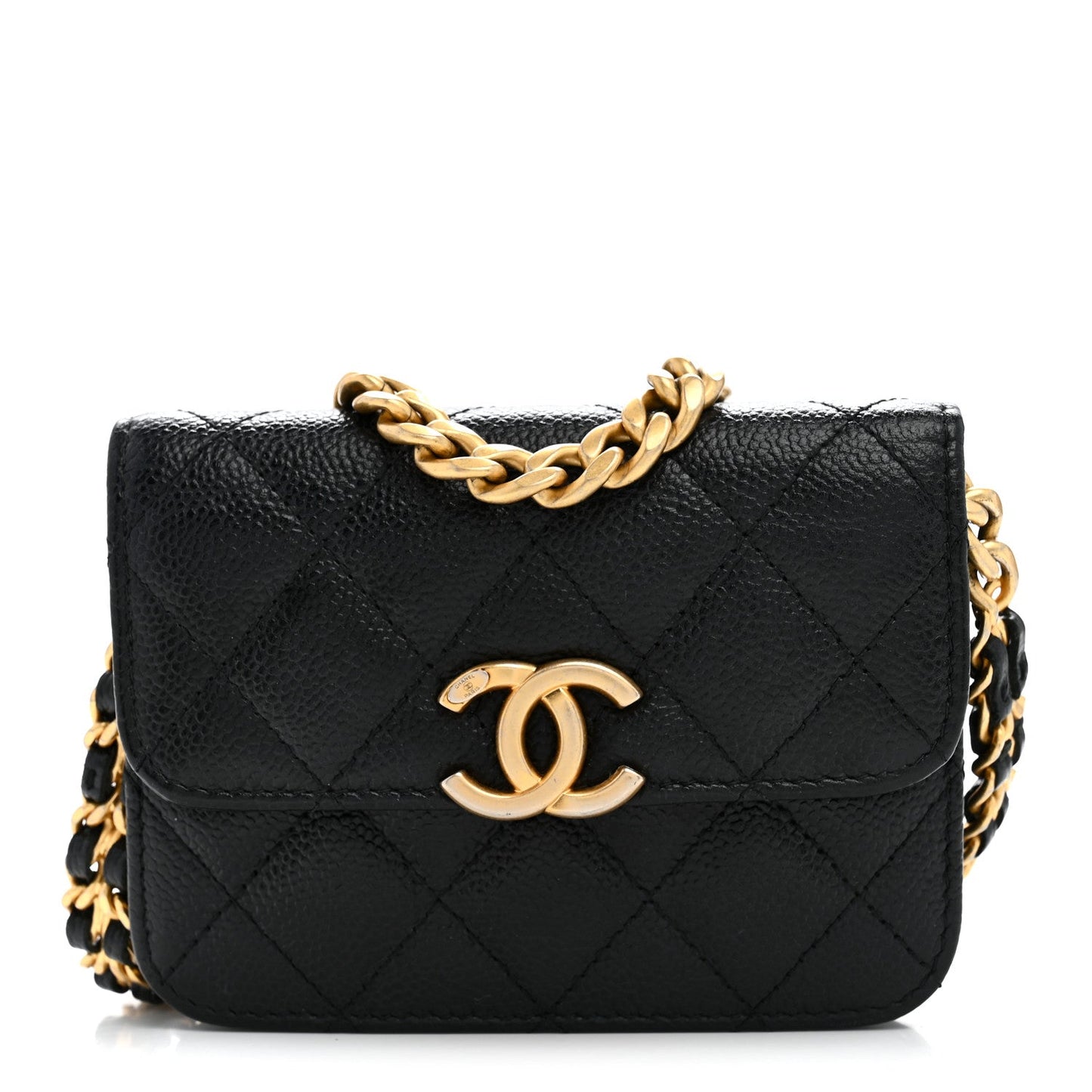Shiny Caviar Quilted Chain Melody Card Holder On Chain Black