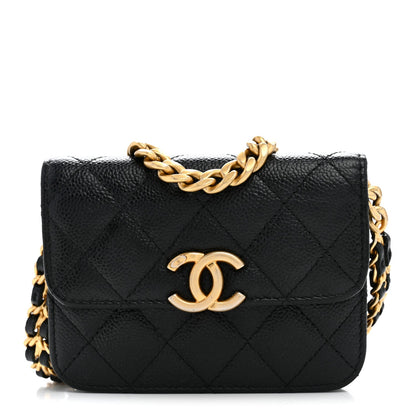 Shiny Caviar Quilted Chain Melody Card Holder On Chain Black