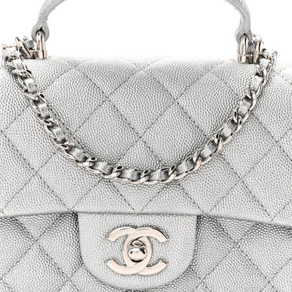 Metallic Caviar Quilted Mini Top Handle Rectangular Flap Silver