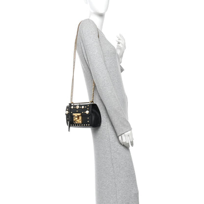 Calfskin Studded Small Padlock Shoulder Bag Black