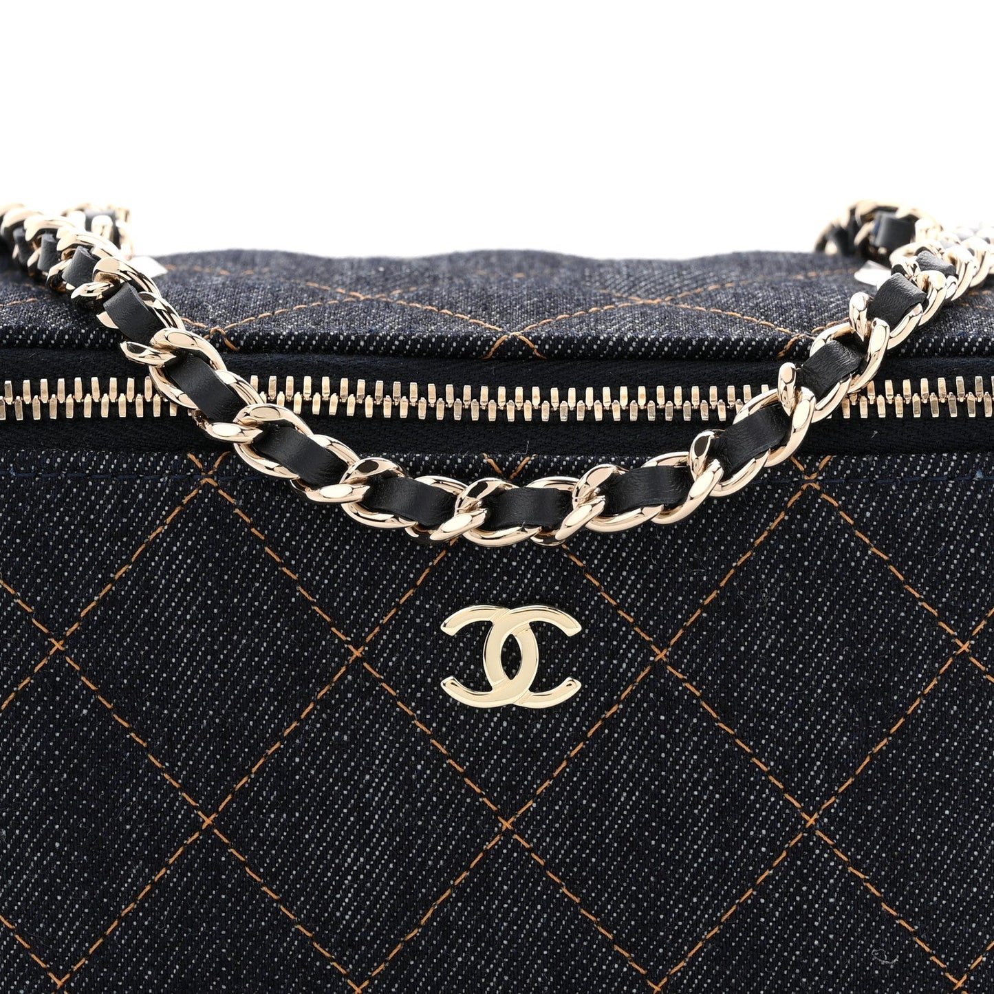 Denim Quilted Vanity Case With Chain Dark Blue