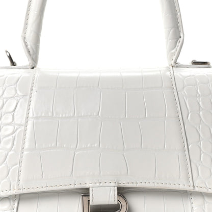 Shiny Calfskin Crocodile Embossed Small Hourglass Top Handle Bag White