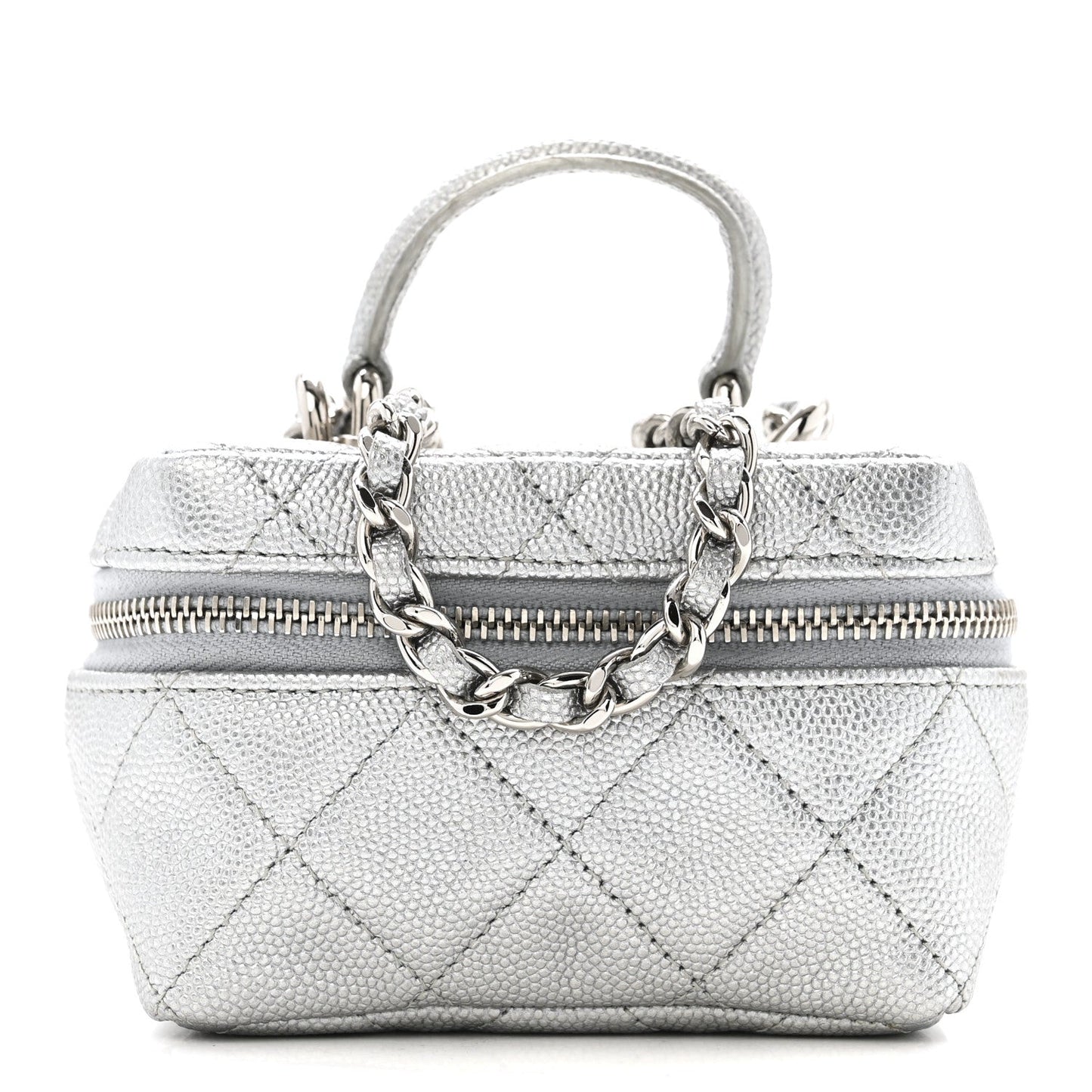 Metallic Caviar Quilted Mini Top Handle Vanity With Chain Silver