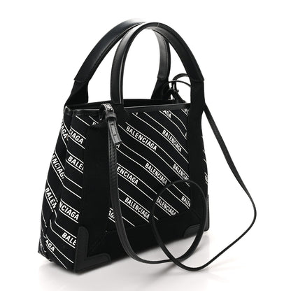 Cotton Canvas Calfskin Logo Print Navy Cabas XS Black White