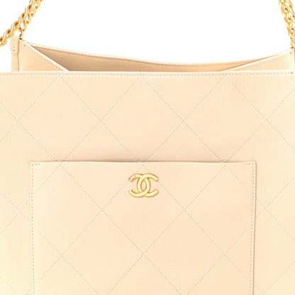 Caviar Stitched Pocket CC Large Tote Light Beige