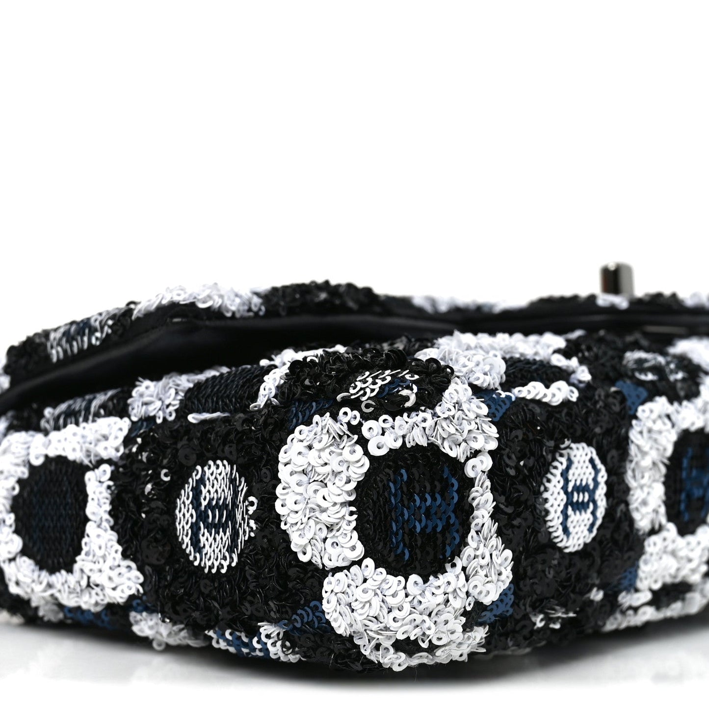 Satin Sequin Embellished Flower East West Flap Black White Blue