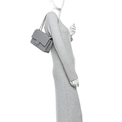 Caviar Quilted Medium Double Flap Grey